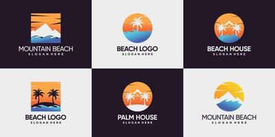 ensemble de logo de plage avec logo montagne, soleil, maison et palmier design vecteur premium