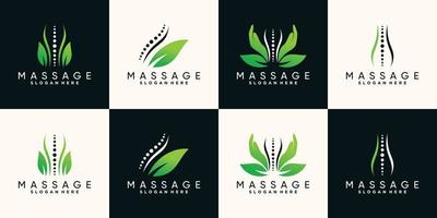 ensemble de conception de logo de thérapie de massage naturel avec vecteur premium main, os et feuille