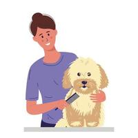 une jeune femme peigne un petit chien vecteur