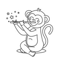 coloriage. singe mignon assis et jouant de la flûte vecteur