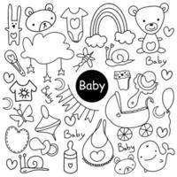 ensemble de dessins animés de doodle dessinés à la main sommaires de vecteur d'objets et de symboles sur le thème du bébé.