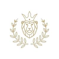 ligne de lion avec création de logo d'insigne de couronne et de feuille, illustration d'icône de symbole graphique vectoriel idée créative