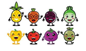 ensemble de collection de fruits et légumes drôles et souriants mignons. illustration de personnage de dessin animé de style plat de vecteur. isolé sur fond blanc vecteur