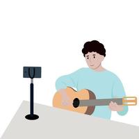 le gars tourne une vidéo sur le fait de jouer de la guitare au téléphone, vecteur plat, isolainft sur fond blanc, blogueur, leader d'opinion, influenceur