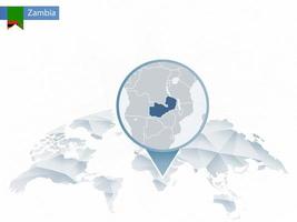 carte du monde arrondie abstraite avec carte détaillée de la zambie épinglée. vecteur