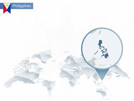 carte du monde arrondie abstraite avec carte détaillée des philippines épinglée. vecteur