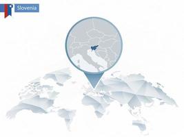 carte du monde arrondie abstraite avec carte détaillée de la slovénie épinglée. vecteur