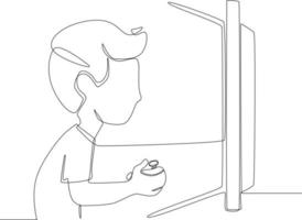 dessin au trait continu simple garçon enfant assis à l'écran de télévision avec des contrôleurs de manette de jeu jouant au jeu vidéo de la console de combat. illustration vectorielle.