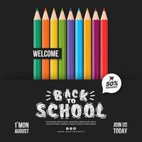 bienvenue à l'arrière-plan de l'école avec des crayons colorés, concept de modèles d'éducation pour invitation, bannière et affiche vecteur