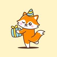 mignon renard avec cadeau d'anniversaire vecteur