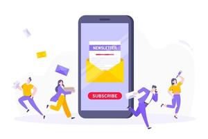 abonnez-vous maintenant à notre illustration vectorielle de newsletter avec de minuscules personnes travaillant avec un smartphone, une enveloppe et une newsletter. vecteur