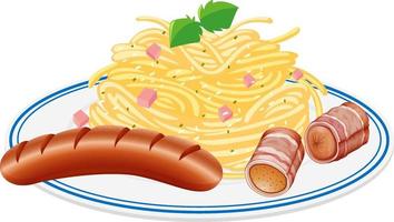 spaghetti et saucisse dans une assiette