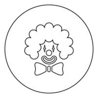 tête de visage de clown avec grand arc et cheveux bouclés carnaval de cirque icône de concept d'invitation drôle en cercle contour rond illustration vectorielle de couleur noire image de style plat vecteur
