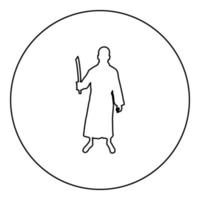 homme, à, épée, machette, froid, armes, dans main, militaire, soldat, militaire, dans positions, chasseur, à, couteau, combat, pose, fort, défenseur, guerrier, concept, armement, stand, silhouette, dans, cercle, rond, noir vecteur