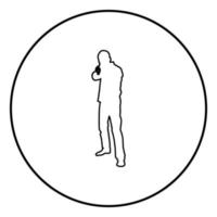 homme, à, fusil, silhouette, criminel, personne, concept, vue frontale, icône, noir, couleur, illustration, dans, cercle, rond vecteur