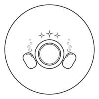 concept de vaisselle nettoyer la vaisselle assiette gant de toilette éponge bulles propre cuisine idée icône en cercle contour rond illustration vectorielle de couleur noire image de style plat vecteur