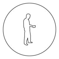 homme, à, casserole, dans, sien, mains, préparer, nourriture, mâle, cuisine, utilisation, soucoupes, silhouette, dans, cercle, rond, noir, couleur, vecteur, illustration, contour, contour, style, image vecteur