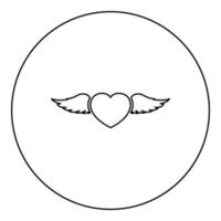 coeur avec des ailes d'ange icône de plume volante en cercle autour de l'illustration vectorielle de couleur noire image de style de contour solide vecteur