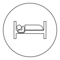 L'homme se trouve sur le lit dormir concept icône de signe de l'hôtel en cercle autour de l'image d'illustration vectorielle de couleur noire contour style fin de l'image vecteur