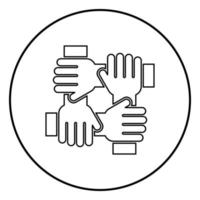 Quatre mains tenant ensemble l'icône du concept de travail d'équipe de couleur noire en cercle rond vecteur