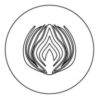 oignon coupé en demi-partie bulbes de légumes tranchés hachés silhouette en cercle autour de l'illustration vectorielle de couleur noire image de style de contour de contour vecteur