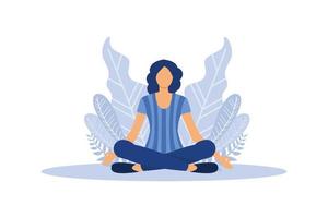 le concept de méditation, les bienfaits pour la santé du corps, de l'esprit et des émotions, la fille est assise dans la position du lotus, le processus de pensée, la création et la recherche d'idées vector design plat