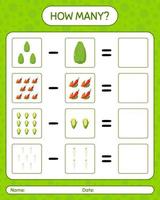 combien de jeu de comptage avec des légumes. feuille de travail pour les enfants d'âge préscolaire, feuille d'activité pour enfants, feuille de travail imprimable vecteur