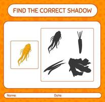 trouver le bon jeu d'ombres avec du ginseng. feuille de travail pour les enfants d'âge préscolaire, feuille d'activité pour enfants vecteur