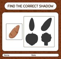 trouver le bon jeu d'ombres avec la racine d'igname. feuille de travail pour les enfants d'âge préscolaire, feuille d'activité pour enfants vecteur