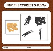 trouver le bon jeu d'ombres avec du gingembre. feuille de travail pour les enfants d'âge préscolaire, feuille d'activité pour enfants vecteur