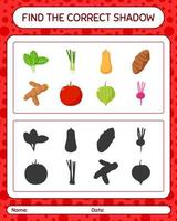 trouver le bon jeu d'ombres avec des légumes. feuille de travail pour les enfants d'âge préscolaire, feuille d'activité pour enfants vecteur