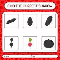 trouver le bon jeu d'ombres avec radis. feuille de travail pour les enfants d'âge préscolaire, feuille d'activité pour enfants vecteur