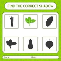 trouver le bon jeu d'ombres avec des épinards. feuille de travail pour les enfants d'âge préscolaire, feuille d'activité pour enfants vecteur