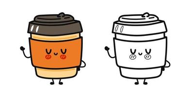 ensemble de personnages drôles mignons de tasse de papier de café heureux. icône d'illustration de personnage de dessin animé kawaii dessiné à la main de vecteur. isolé sur fond blanc vecteur