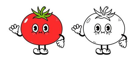 mignon drôle tomate agitant la main personnage contour illustration de dessin animé pour livre de coloriage. vecteur dessin animé traditionnel dessiné à la main vintage, rétro, personnage kawaii. isolé sur fond blanc