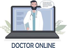 un médecin avec un stéthoscope sur un écran d'ordinateur portable parle à un patient en ligne. consultations médicales, examens, traitements, services, soins de santé, conférence en ligne. pour le site Web de la clinique, l'application vecteur