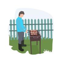 un homme en vacances. cuisine des brochettes de nourriture. rôtir la viande sur le gril. sur la pelouse verte, contre une clôture en bois. animations estivales vecteur
