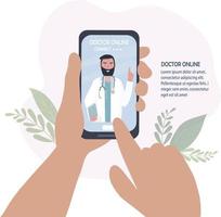 le médecin sur l'écran du téléphone portable parle en ligne avec le patient. communication vidéo et messages. consultations médicales, examens, traitements, services, soins de santé, conférences en ligne. vecteur