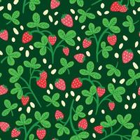 motif décoratif sans couture avec fraise et feuilles sur fond vert foncé vecteur