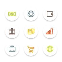 icônes de la finance, portefeuille, argent, épargne, banque, commerce, jeu d'icônes de couleur ronde épaisse, illustration vectorielle