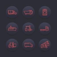icônes de ligne de transport, chariot élévateur, cargo, train, icône de camion de fret, transit, pictogrammes de transport, ensemble sombre, illustration vectorielle vecteur