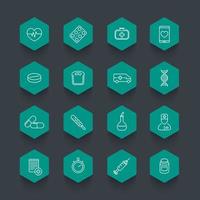 icônes de médecine, soins de santé, pilules, pictogrammes de médicaments, icônes hexagonales de ligne, illustration vectorielle vecteur