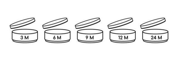 période après l'ouverture des icônes de la ligne pao de l'étagère de la vie cosmétique ouverte du mois. mois de période d'expiration du symbole défini. illustration vectorielle vecteur