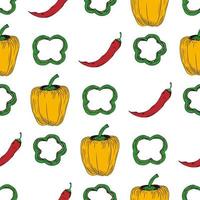 modèle sans couture de poivron, piment et tranches sur fond blanc. illustration vectorielle de légumes rouges, jaunes et verts dans un style plat simple de dessin animé. idéal pour les textiles, le papier et d'autres surfaces.