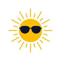 soleil jaune dans les lunettes icône de protection uv, crème solaire, protection des yeux contre le soleil et les brûlures solaires. cercle plein soleil et lumière du soleil. l'énergie solaire chaude. signe de vecteur