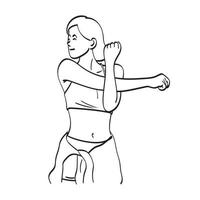 femme de remise en forme qui s'étend de ses mains illustration vecteur dessiné à la main isolé sur fond blanc dessin au trait.