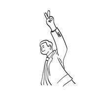 dessin au trait demi-longueur homme d'affaires montrant le signe de la victoire sur sa tête illustration vecteur dessiné à la main isolé sur fond blanc