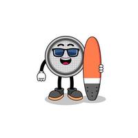 caricature de mascotte de pile bouton en tant que surfeur vecteur