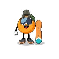 mascotte, dessin animé, de, fruit orange, snowboard, joueur vecteur