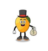 illustration de mascotte de mangue homme riche tenant un sac d'argent vecteur